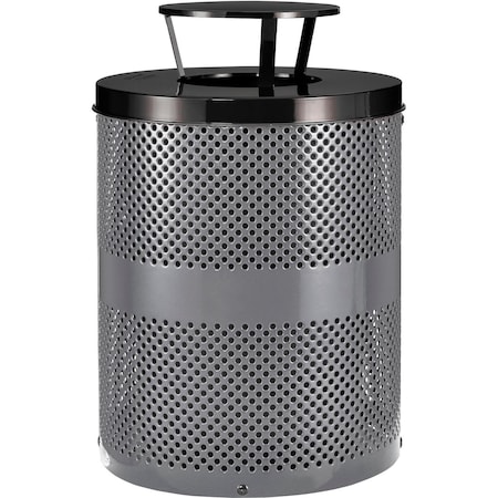 Global Industrial Outdoor Perforated Steel Trash Can With Rain Bonnet Lid, 36 Gallon, Gray 261927GY